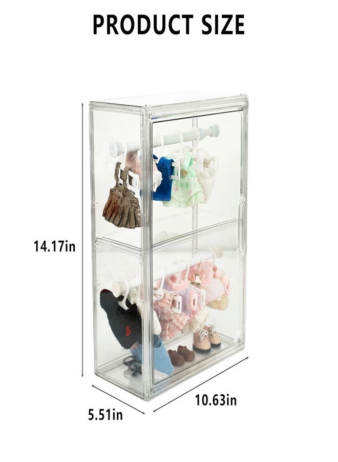 Treayes Clear Doll Display Case Compatible with Labubu- 2 Tier Organizer for 7 Inch Dolls & Clothes, Includes 20 Mini Hangers & 2 Rods | Doll Wardrobe Shelf - Image 2